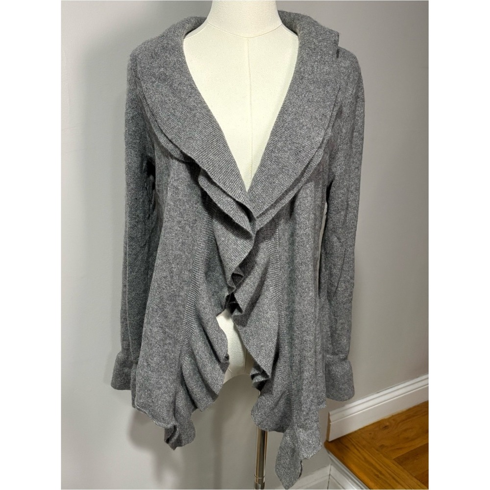 Marisa Christina 100% 2 Ply Cashmere Ruffle Waterfall Cardigan Gray Sweater Sz M